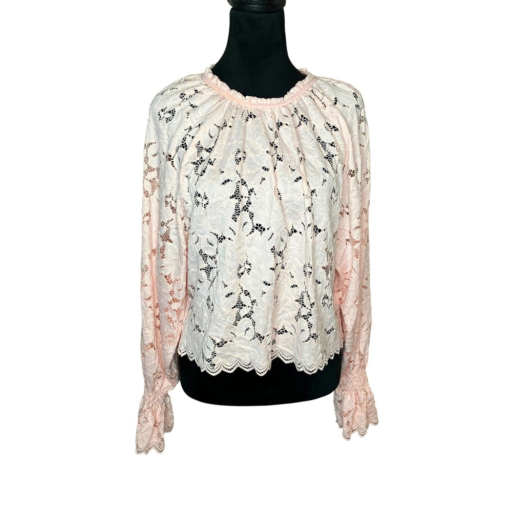Free People Olivia Lace Blouse Balloon Sleeves‎ Pink Xsmall Romantic Sheer